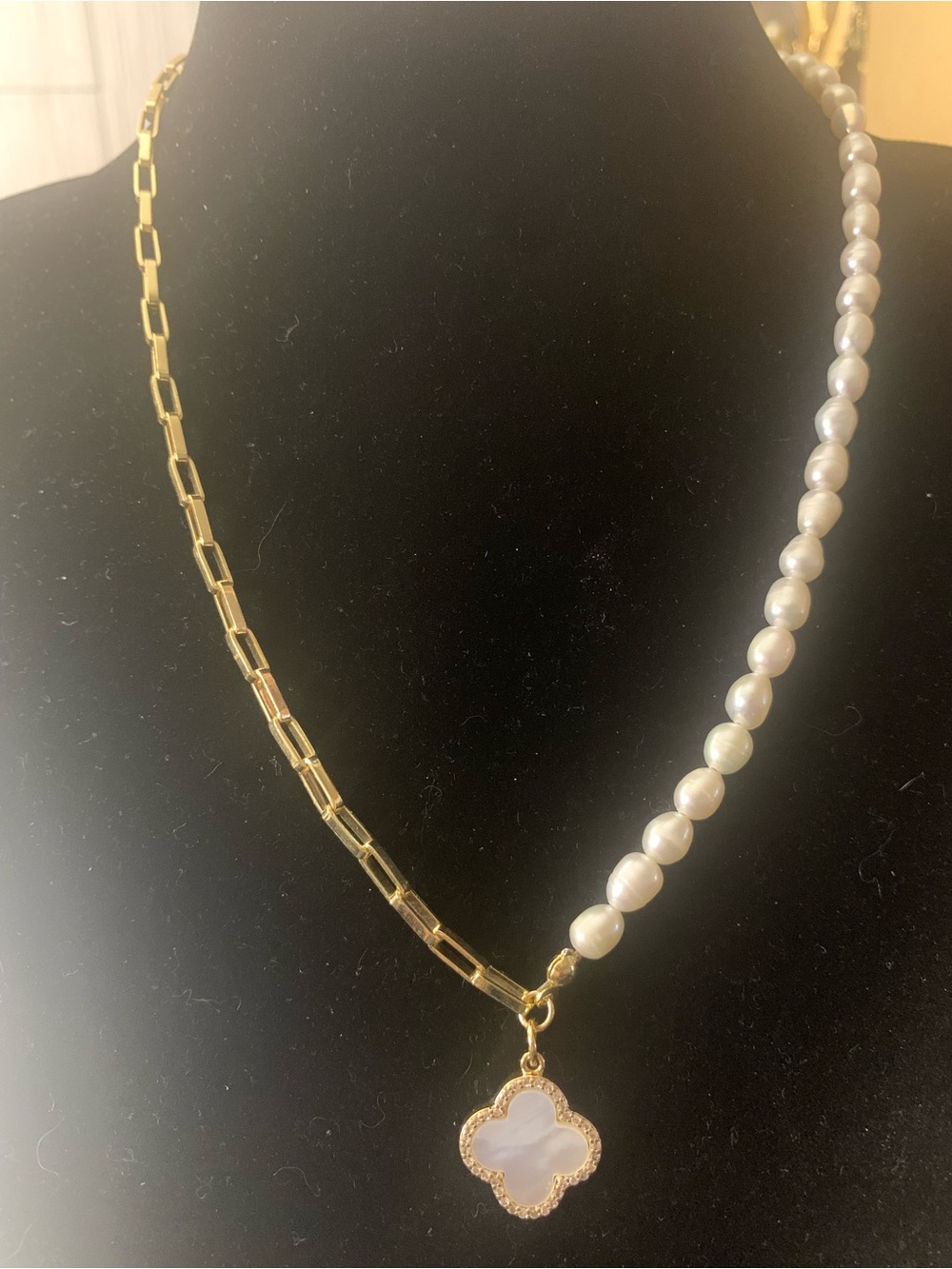 Gold Dipped Pearl Asymmetrical Necklace with Mother of Pearl Clover Pendant